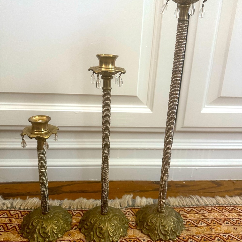 3 brass candle holders with crystal beading and crystal dangles